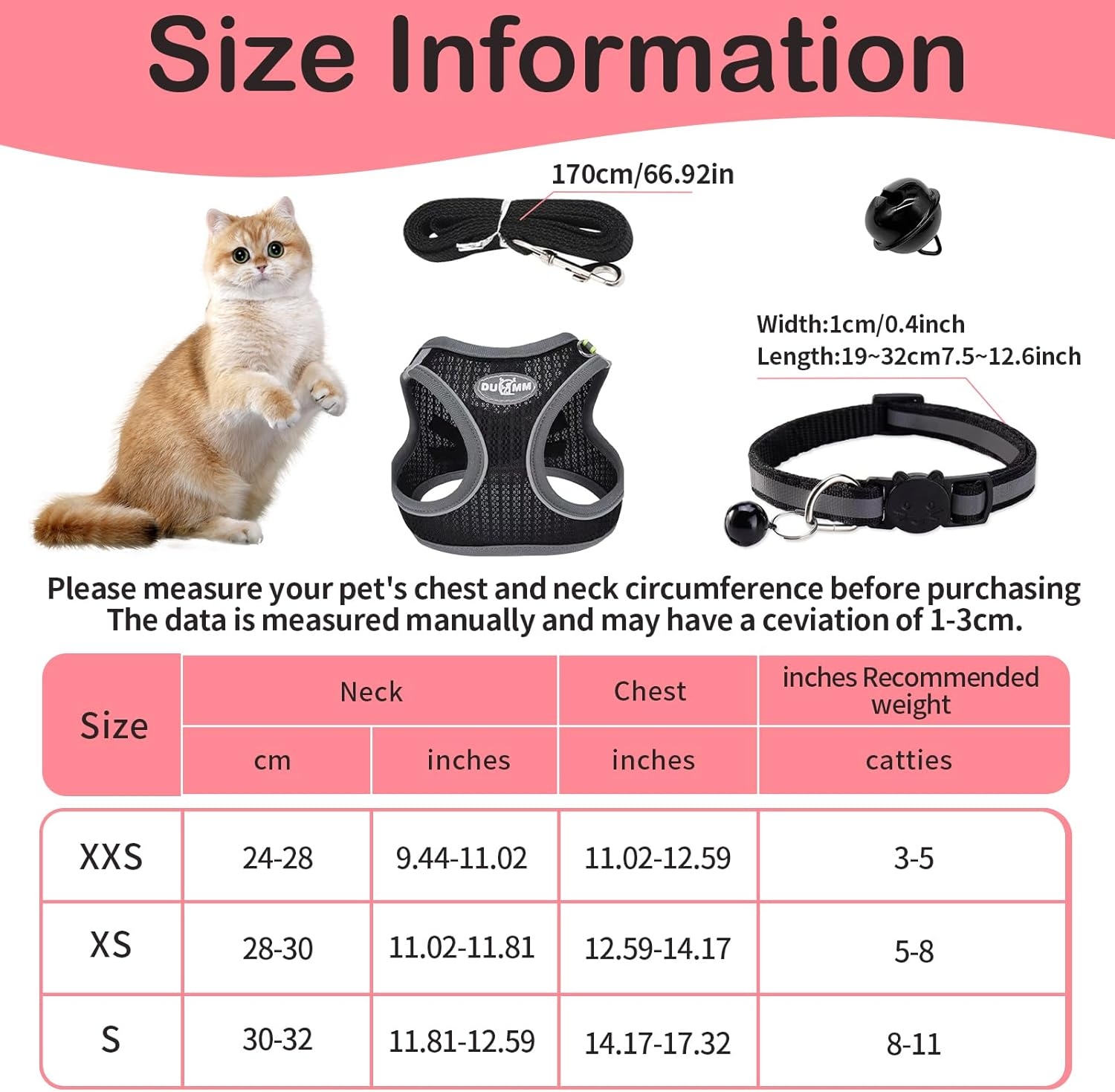 Cat Harness with Lead, Escape Proof, Adjustable Cat Harness, Cat Harness, Soft Inner Lining and Breathable Mesh with Reflective for Outdoor Training, Walking (Black, XS) image number 1