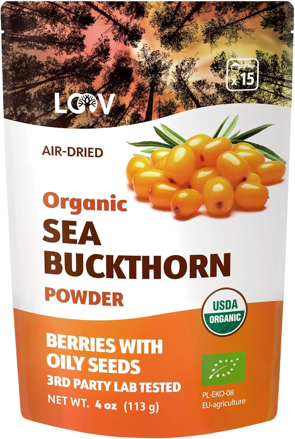 LOOV Organic Sea Buckthorn Powder, High in Fiber, Made from 100% Whole Berries, 4 Ounces, Grown in Nordic Climate, Rich in Omega Blend, Vitamin C, Vitamin E, 23-Day Supply, No Added Sugar, Non-Gmo image number 2