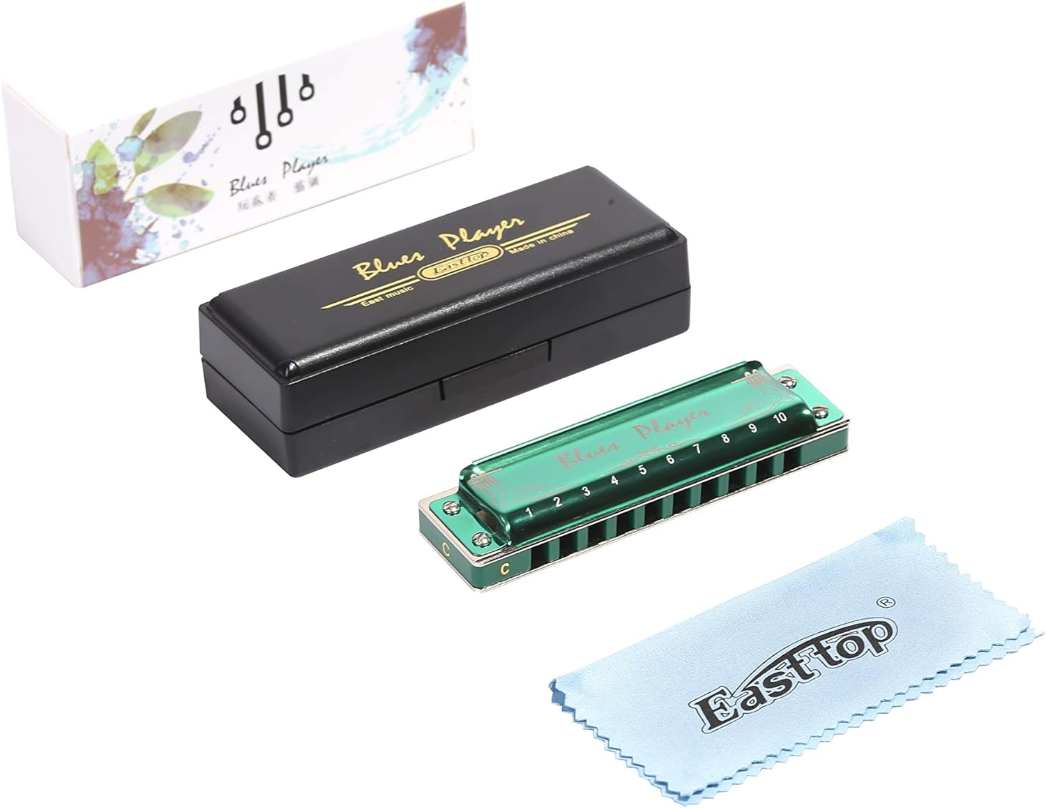 East Top Upgrade Harmonica, C Key 10 Hole Professional Green Diatonic Blues Harmonica for Adults, Professionals, Beginners, Students and Kids, as Best Gift image number 1