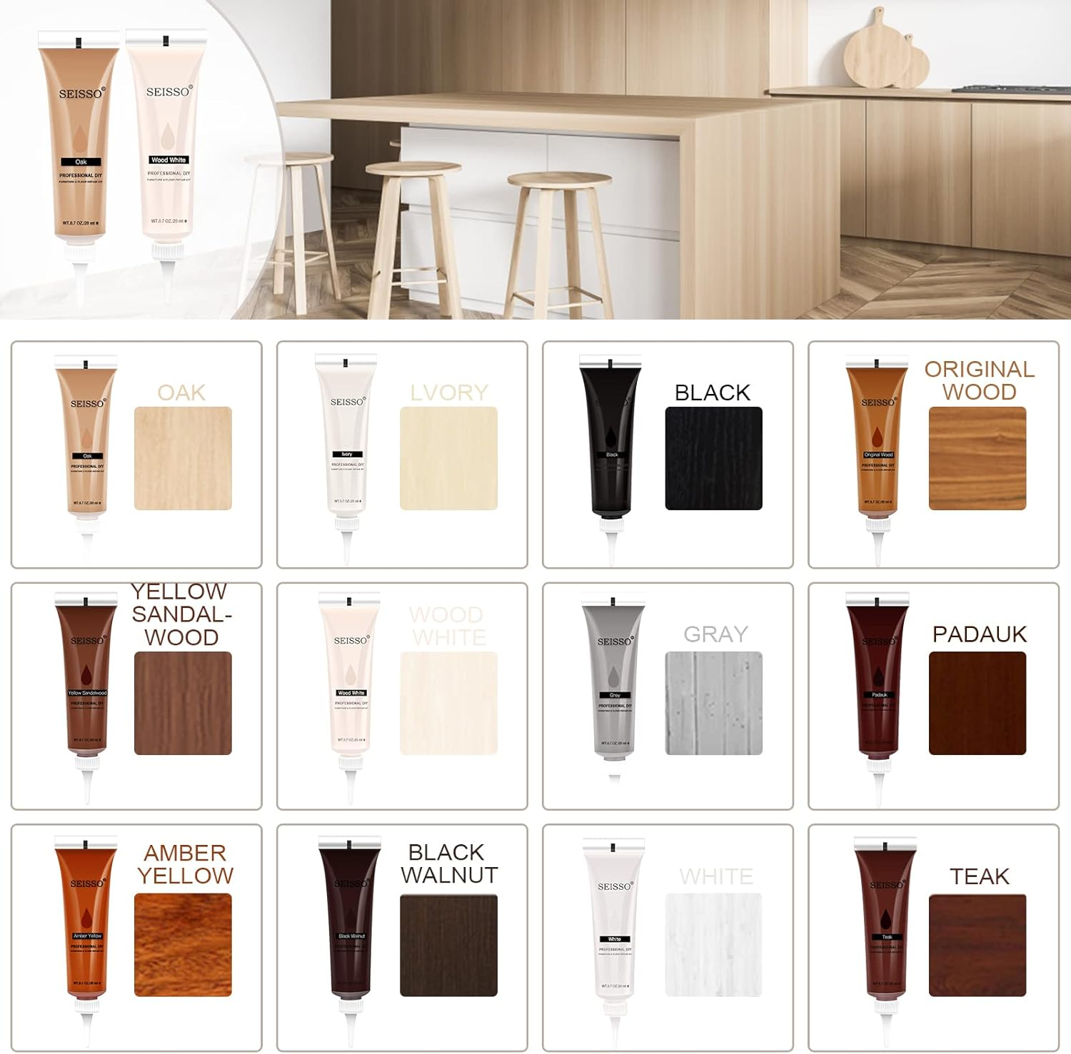 SEISSO Wood Furniture Repair Kit, 12 Colors Wood Fillers, Wood Putty with Beeswax, Furniture Touch up Markers with Wood Crayons, Hardwood Floor Repair Kit for Stains, Scratch, Cracks, Hole image number 4