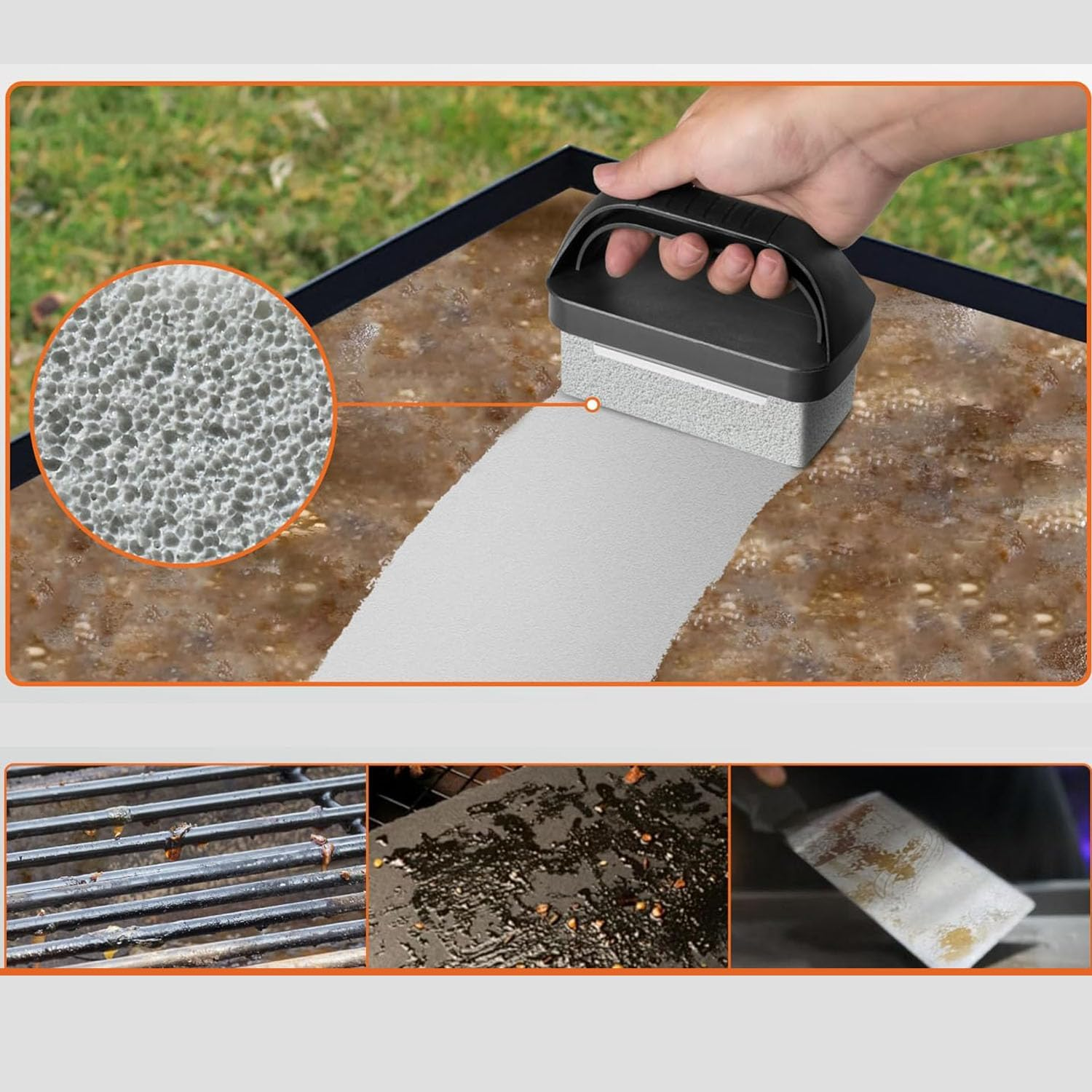 Heavy Duty Grill Cleaning Kit for Flat Top Griddle Commercial Grade Scraper & Stone Cleaner with Handle, Cast Iron Care & Maintenance Tools, Outdoor Cooking & Barbecue Accessories image number 3