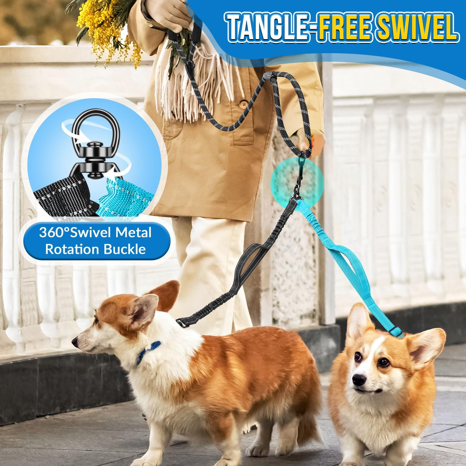 AUTOWT Double Leash for Two Small Dogs, No Tangle 360&deg; Swivel Dual Dog Leashes with 4 Handles, Super Lightweight for Puppy under 20Lbs, Reflective Adjustable Strap and Shock Absorbing Bungee image number 3