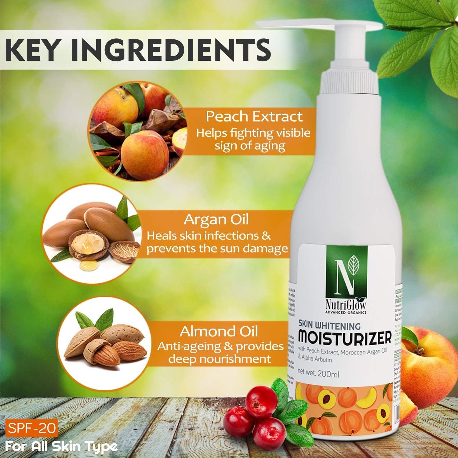 Nutriglow Advanced Organics Skin Whitening Moisturizer for Deeply Nourishing, Hydrating and Tan Free Skin with Broad Spectrum SPF 15, All Skin Types, No Sulphate, 200 Ml image number 2