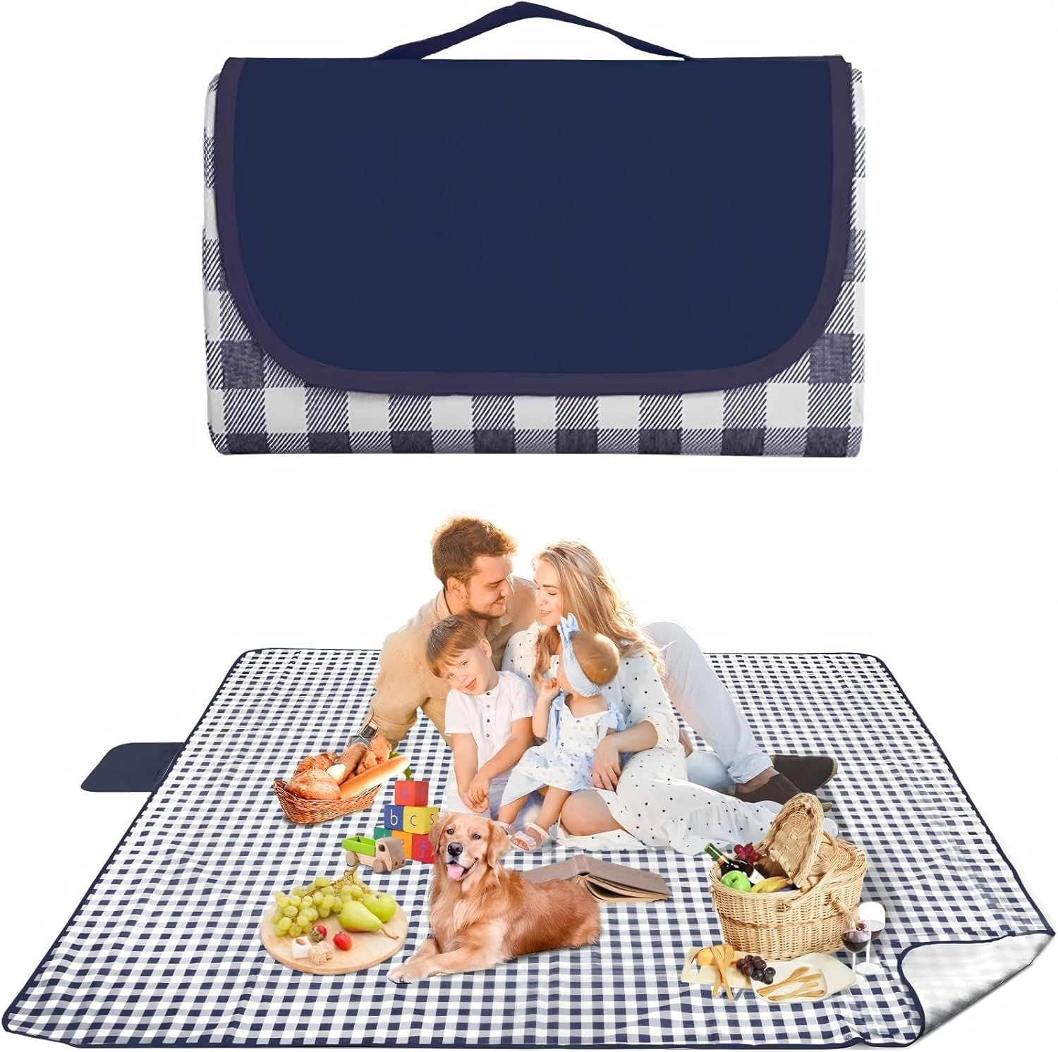 Picnic Blanket, Extra Large 80''X80'' Waterproof Picnic Mat, Outdoor Rug Beach Blanket, Picnic Mat for Beach, Park, Grass, Travel, Hiking, Camping Essentials, Gingham Picnic Rug (Tibetan Blue Grid)