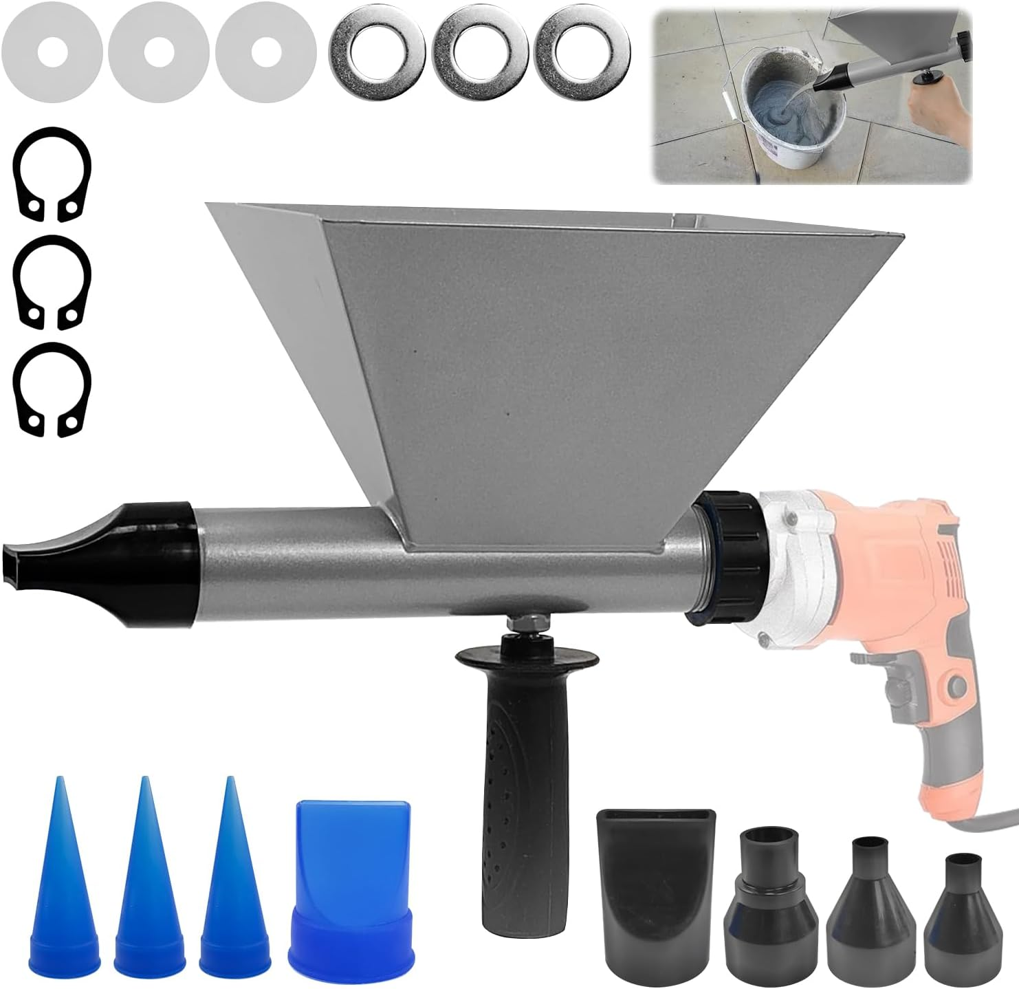 Electric Mortar Grout Gun, Portable Cement Grouting Machine, Reusable Cordless Caulking Applicator Finishing Tool with 8 Nozzles (Without Electric Drill) (1) (Xa017A)