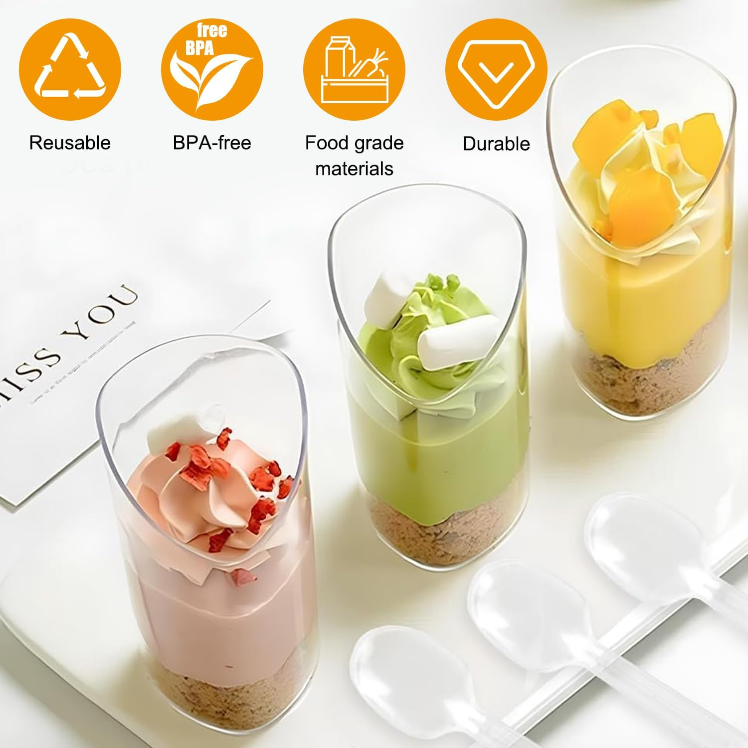 50-Pack Clear Dessert Cups with Spoons, 80Ml/2.7Oz Reusable Plastic Tasting Bowls for Appetizers Desserts Yogurt Mousse Jelly Pudding Ice Cream image number 3