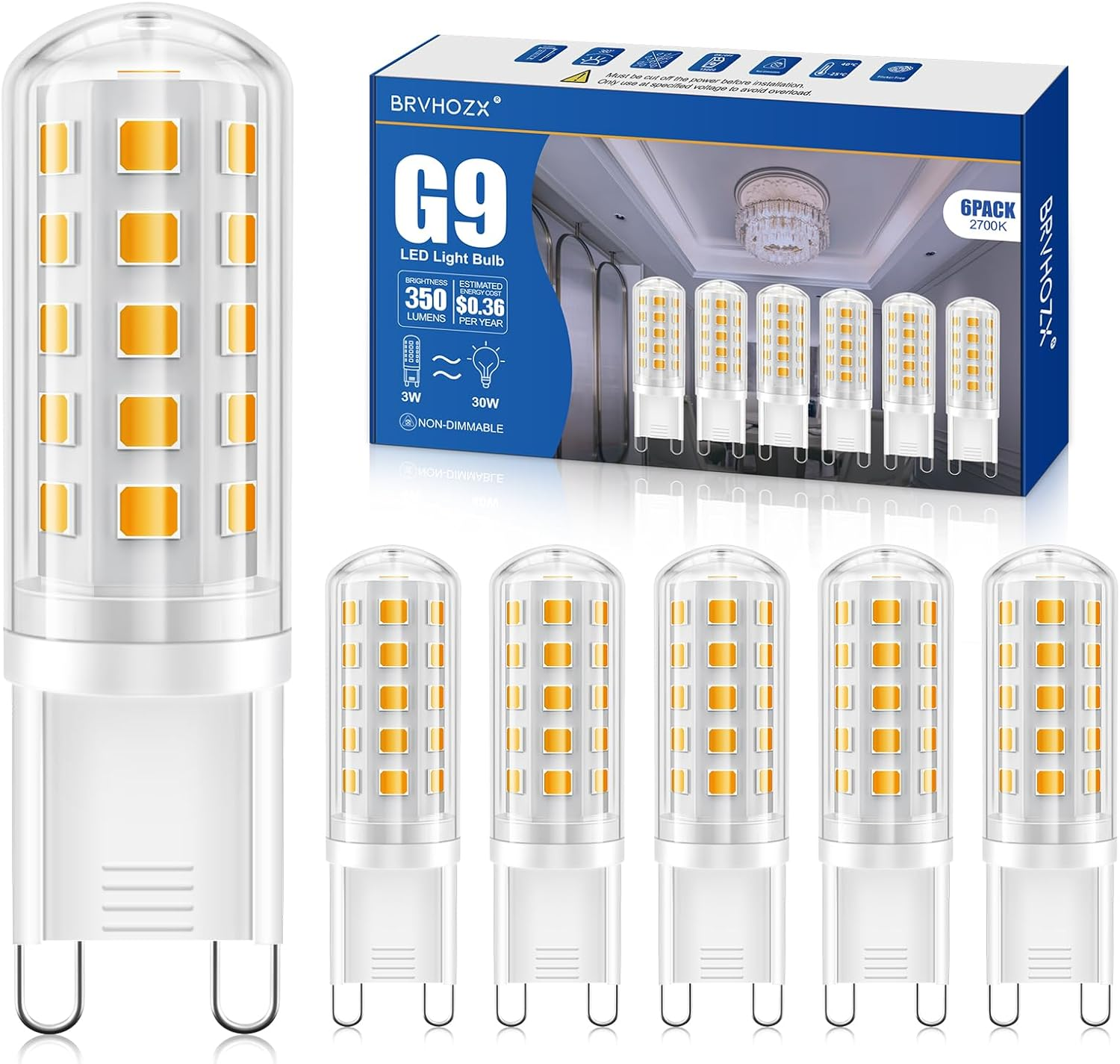 G9 Led Bulb Warm White, 3W, 350LM, 2700K, Equivalent to 30-40W Halogen, No Flicker, Non-Dimmable, 360&deg;Beam Angle, AC 220-240V, Bi-Pin Ceramic Base G9 Led Light Bulbs for Home Lighting-6Pcs