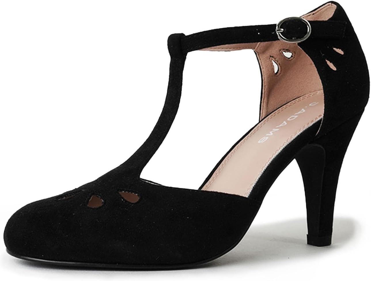 J. Adams Mary Jane Pumps - Vintage Tear Drop Cutout Low Kitten Heels - Retro round Toe Adjustable Ankle T Strap - Pepper By