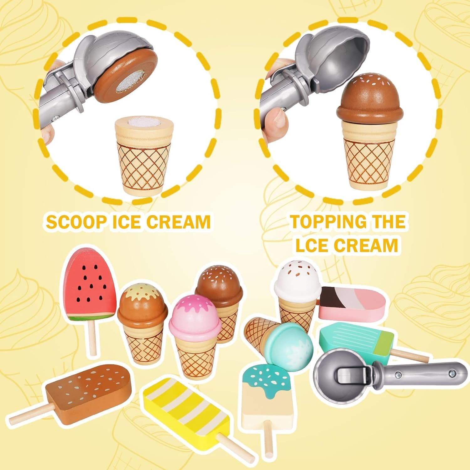 Ice Cream Counter Playset for Kids, Montessori Pretend Play Food Toys Kitchen Accessories Wooden Popsicle Set with Scoop & Fake Cash,Ice Cream Shop Toys Toddler Learning Toy for Kids image number 4