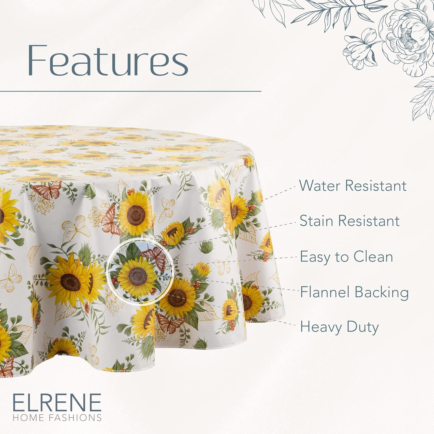Elrene Home Fashions Sunflower Season Vintage Floral Water- and Stain-Resistant Vinyl Tablecloth with Flannel Backing, 70 Inches X 70 Inches, Round image number 5