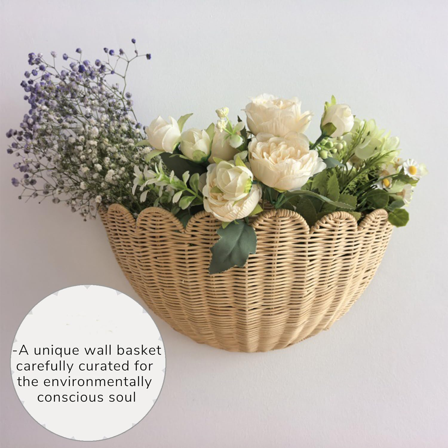 Yharnamite Wicker Hanging Basket, Rustic Scalloped Wall Hanging Woven Baskets for Kitchen, Bathroom, Living Room, Bedroom, 16X7X10 Inch image number 6