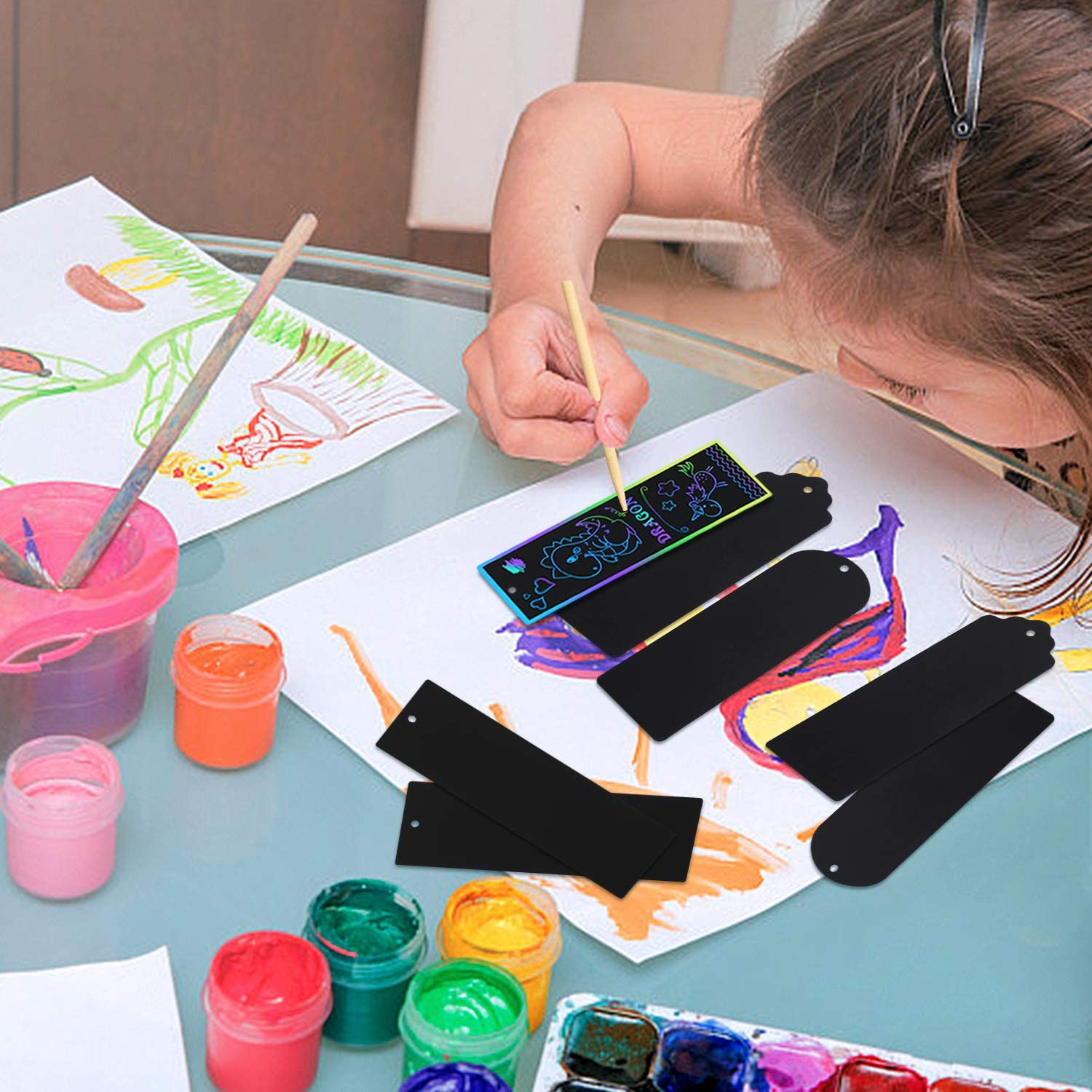 Augsun 96 Kits of Scratch Rainbow Paper Art Bookmarks DIY Gift Tags Magic Rainbow Notes Cards with Bamboo Stylus, Colorful Satin Ribbons for Children Students Party Favor Classroom Travel Activity image number 1