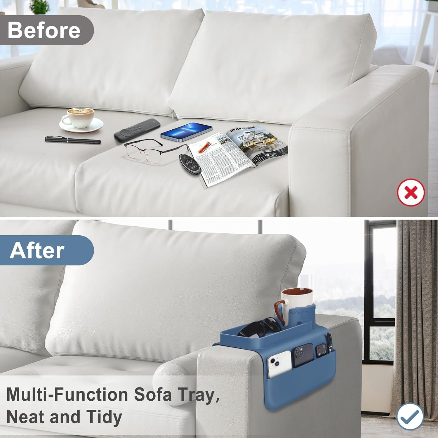 Silicone Couch Cup Holder with Side Pockets &ndash; Extra-Large, Anti-Spill & Anti-Slip Sofa Armrest Tray for Drinks, Phone, Remote & Snacks