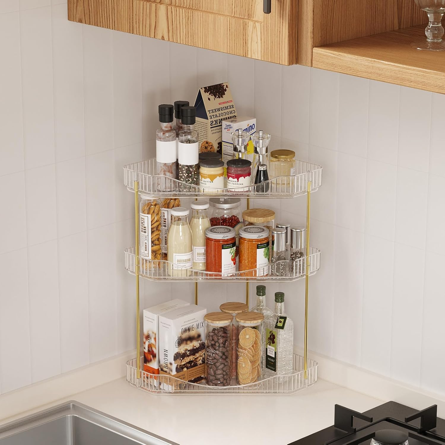 Lifewit 3-Tier Bathroom Organiser Countertop Storage, Plastic Makeup Skincare Organiser, Vanity Perfume Trays Counter Shelf, Corner Shower Caddy, Corner Storage in Dresser, Bedroom, Kitchen, Clear image number 5