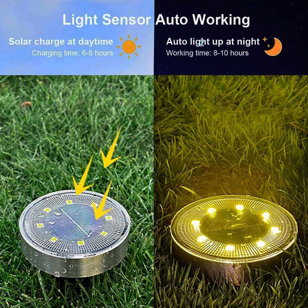 Solar Light Outdoor Ground 8Pcs 8 Leds Stainless Steel Disk Lamp IP68 Waterproof Wireless with Spike, for Path Gargen Landscape Lighting (Warm Light) image number 5