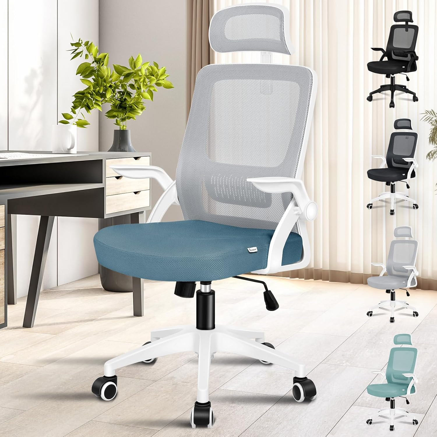 ALFORDSON Mesh Ergonomic Office Chair with Adjustable Headrest & Flip-Up Armrest, Tilting Executive Computer Desk Chair with SGS Listed Gas-Lift, Swivel Gaming Chair(Arco White Grey)