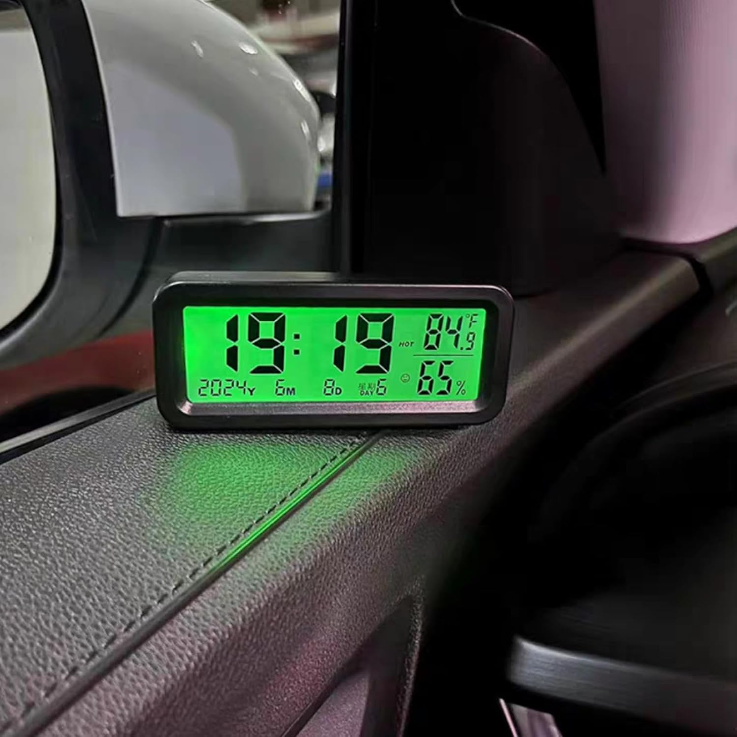 Dashboard Clock with Automatic Backlight at Night(Green & Blue), Temperature and Humidity Monitor, 12/24 Hour Format Time, Calendar, Solar Power and Type C Cable Charging for Car Truck image number 2