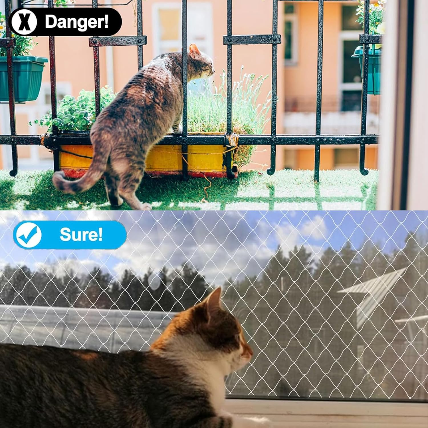 Transparent Balcony Cat Net, Cat Protection Net Made of Transparent Nylon, Cat Grid Balcony, 3 X 4 M, Cat Net for Balcony, No Drilling, Cat Net Wire Reinforced, for Balcony, Patio image number 3