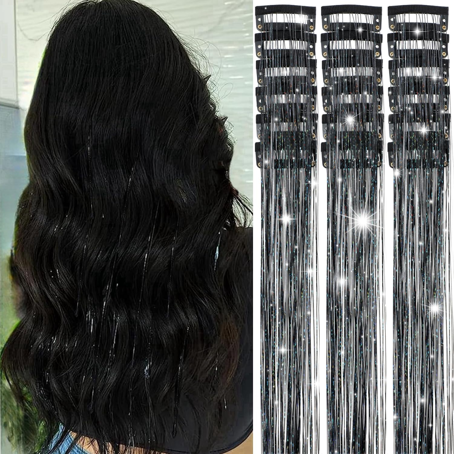Obinying Hair Tinsel Pack of 18 Pcs Hair Tinsel Clip in 20.5 Inch Glitter Tinsel Hair Extensions Clip in Hair Tinsel Kit Party Festival Fairy Hair Accessories for Girls Women Kids (Silver)