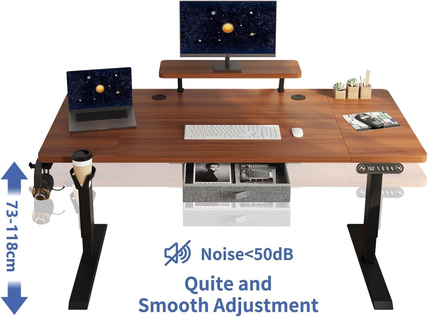 Electric Standing Desk with Drawer, 140X60Cm Height Adjustable Sit Stand up Desk with Storage Shelf,Workstation with Splicing Top for Home Office (Black Frame + Walnut Desktop) image number 6