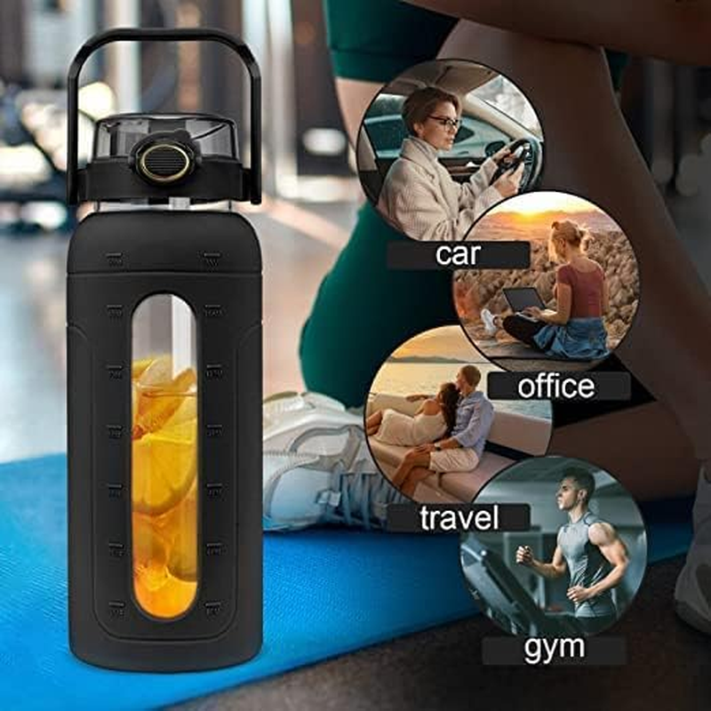 Tronco 64 Oz Glass Water Bottles with Straw and Handle Lid,Half Gallon Water Bottle with Silicone Sleeve&Time Marker,Large Reusable Motivational Glass Water Jug Leakproof for Gym/Workout/Travel - Beige image number 7