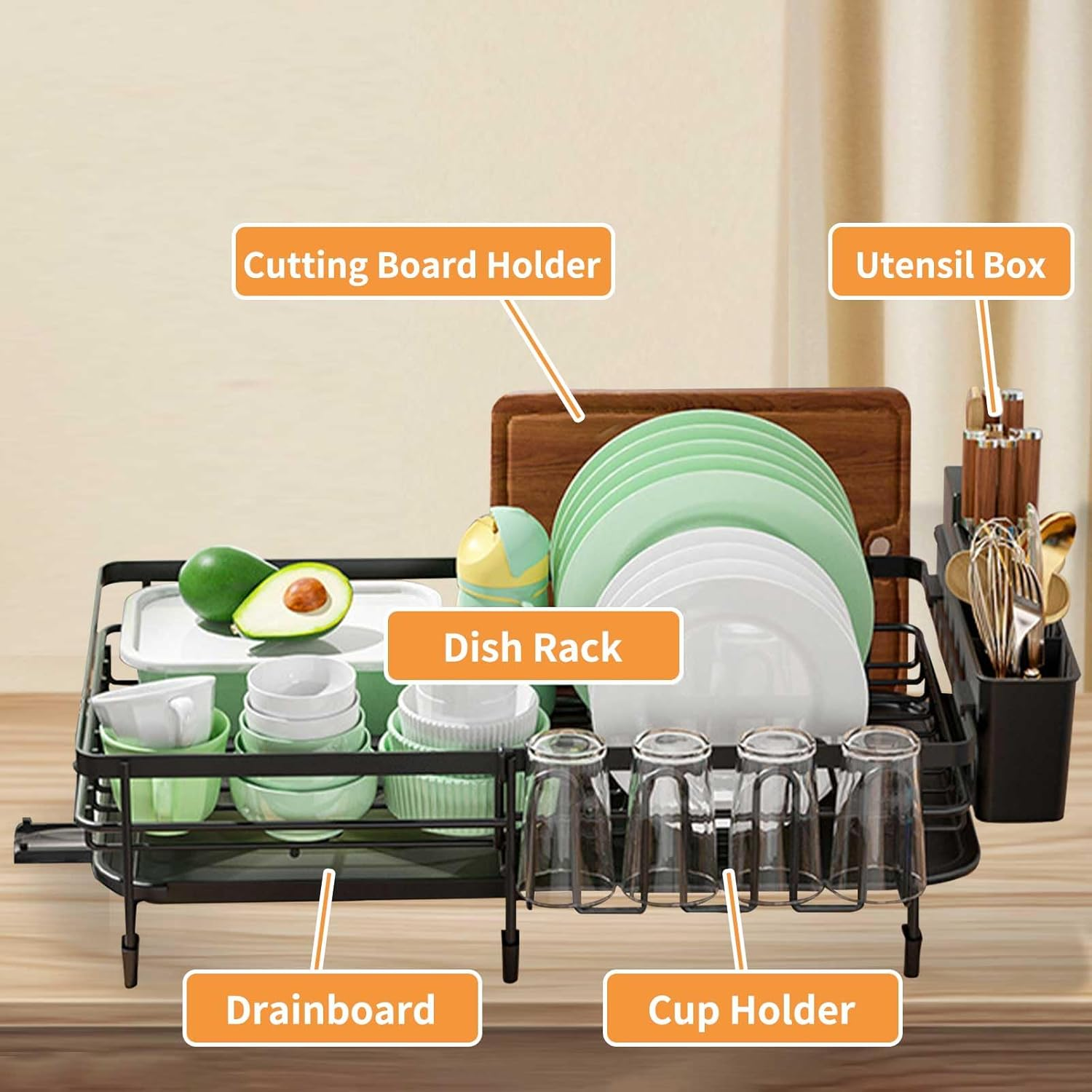 Stusgo Sink Metal Dish Drying Rack Kitchen Dish Rack, Dish Racks 360&deg; Rotating Scalable Drainer Board，Foldable Sink Dish Rack,Dish Drainers for Kitchen Counter Free Drainer Rack (Black) image number 2