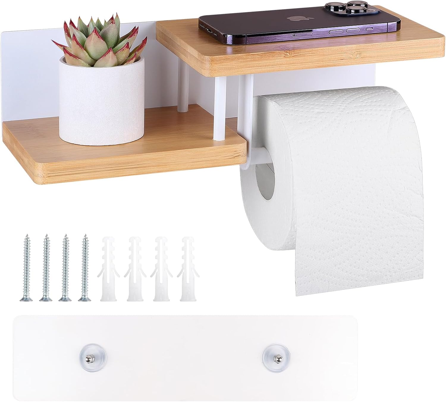 EFUTURETIME Toilet Paper Holder Wall Self-Adhesive with Shelf Bamboo 31.5 X 12.5 X 8.5 Cm Toilet Paper Holder Glue or Drilling Toilet Roll Holder Wood for Bathroom Kitchen Toilets White