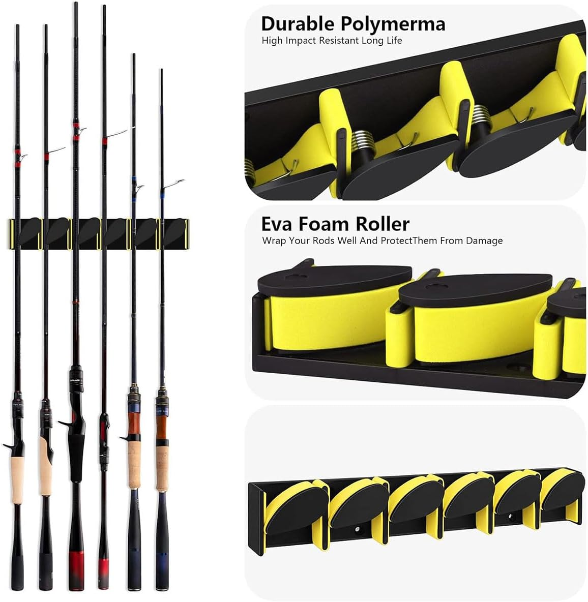 AIMALL Fishing Rod Rack, Holds 6 Rods, Snap - Design Spring Clips, 12.4&times;2.5&times;1.8In, Vertical/Horizontal Mount, Plastic Bracket for Tackle Storage - Yellow image number 4
