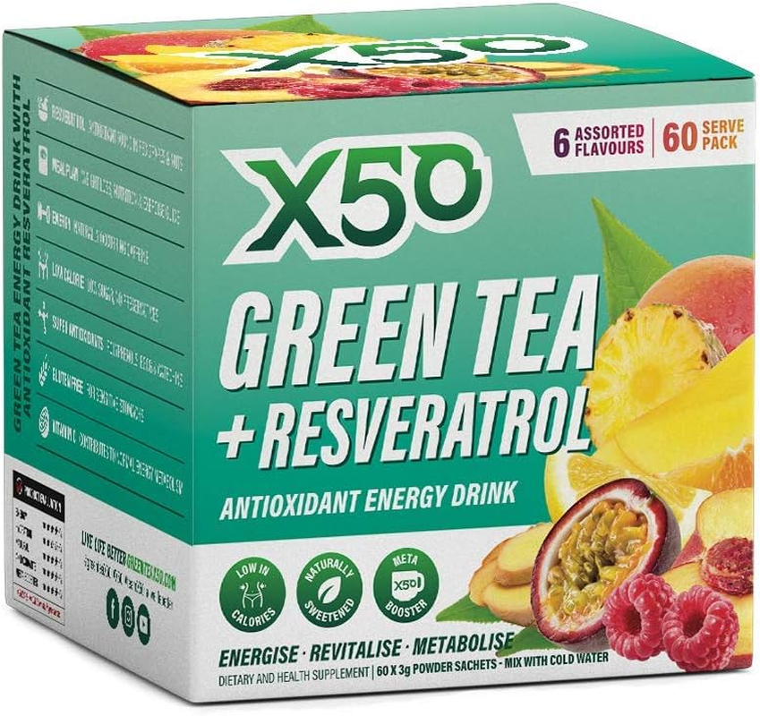 Green Tea X50 Green Tea & Resveratrol Assorted Flavour Energy Drink Powder 60 Sachets, Energy, Fat Burner,, Peach, Tropical, Passionfruit, Raspberry, Mango, Lemon and Ginger. 180 Grams