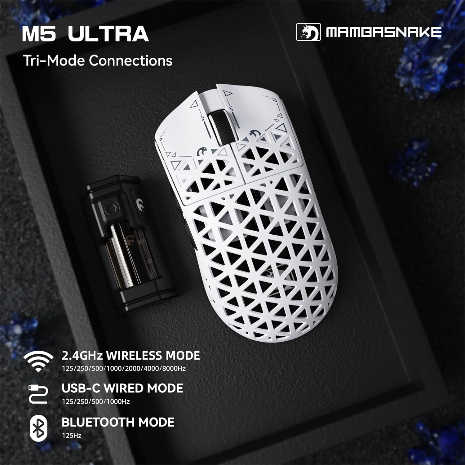 MAMBASNAKE M5 Ultra 39G Carbon Fiber Wireless Mouse, 42K DPI PAW3950 Sensor, 8Khz Polling Rate Gaming Mouse, Tri-Mode 2.4Ghz/Bt/Wired Computer Mice, Web Driver, for Win/Mac/Fps/Moba/Esports-White image number 5