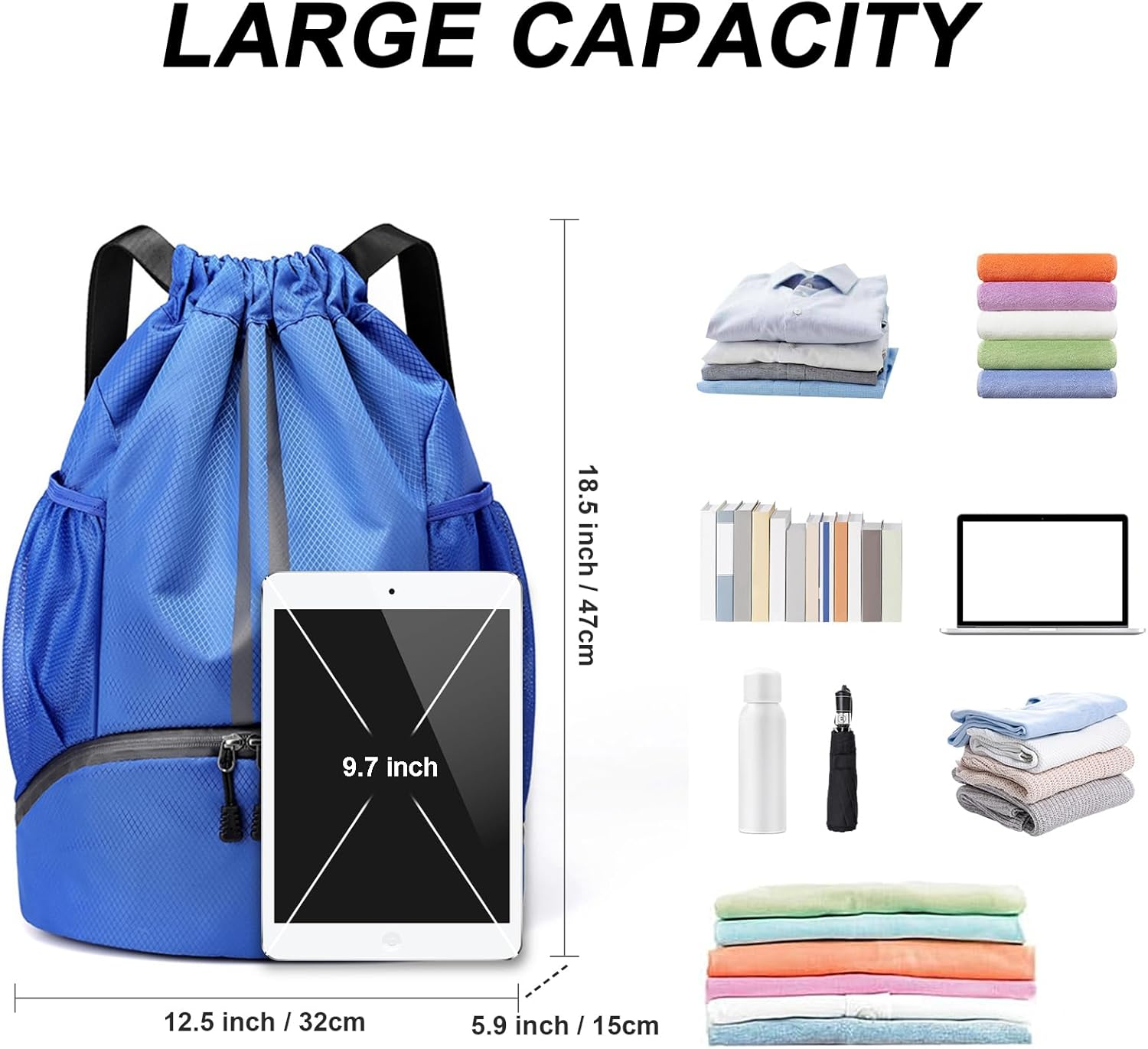 Drawstring Backpack Water Resistant String Bag Gym Sports with Shoe Compartment Side Mesh Pockets for Women Men image number 5