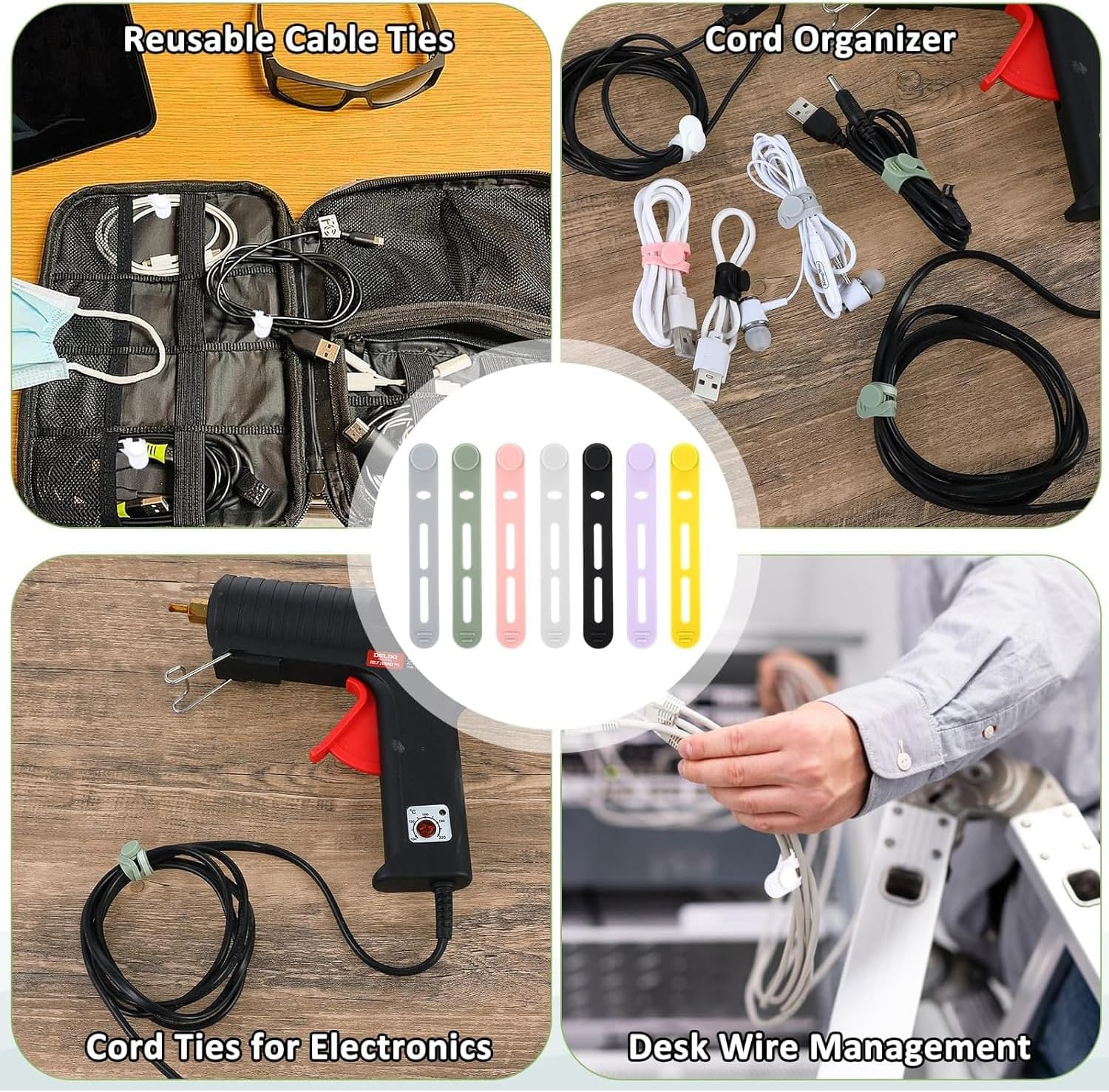 Lexziuo 10PCS Reusable Silicone Cable Ties - Colorful Cord Organizer Straps with Locking Buckles & Wire Labels for Neat Cable Management image number 3