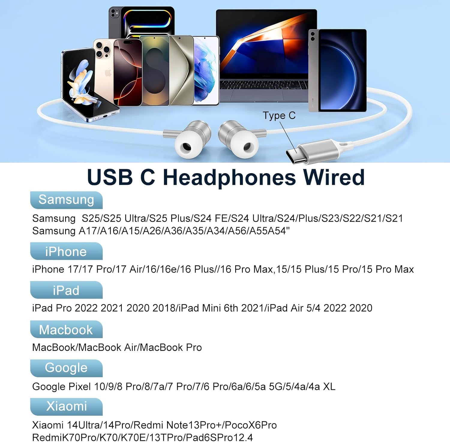 USB C Headphones with Cable for Samsung Galaxy S25 Ultra S24 S23 S22 S21 A17 5G A16 A36 A56 A55, In-Ear Headphones USB C Headset with Microphone Earphones Type C for Iphone 17 Air 16 15 I Pad Pro image number 5