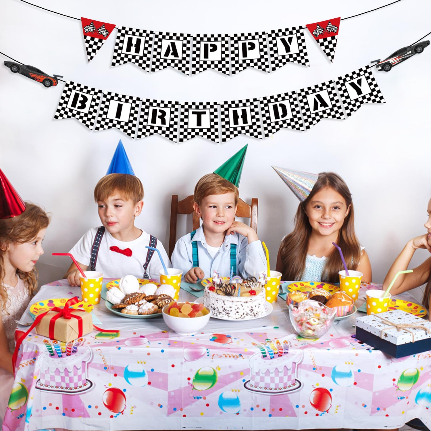 Race Car Birthday Banner, Black White Checkered Happy Birthday Banner Racing Themed Birthday Banner Race Car Party Decorations for Home Gardens Wall Office image number 1