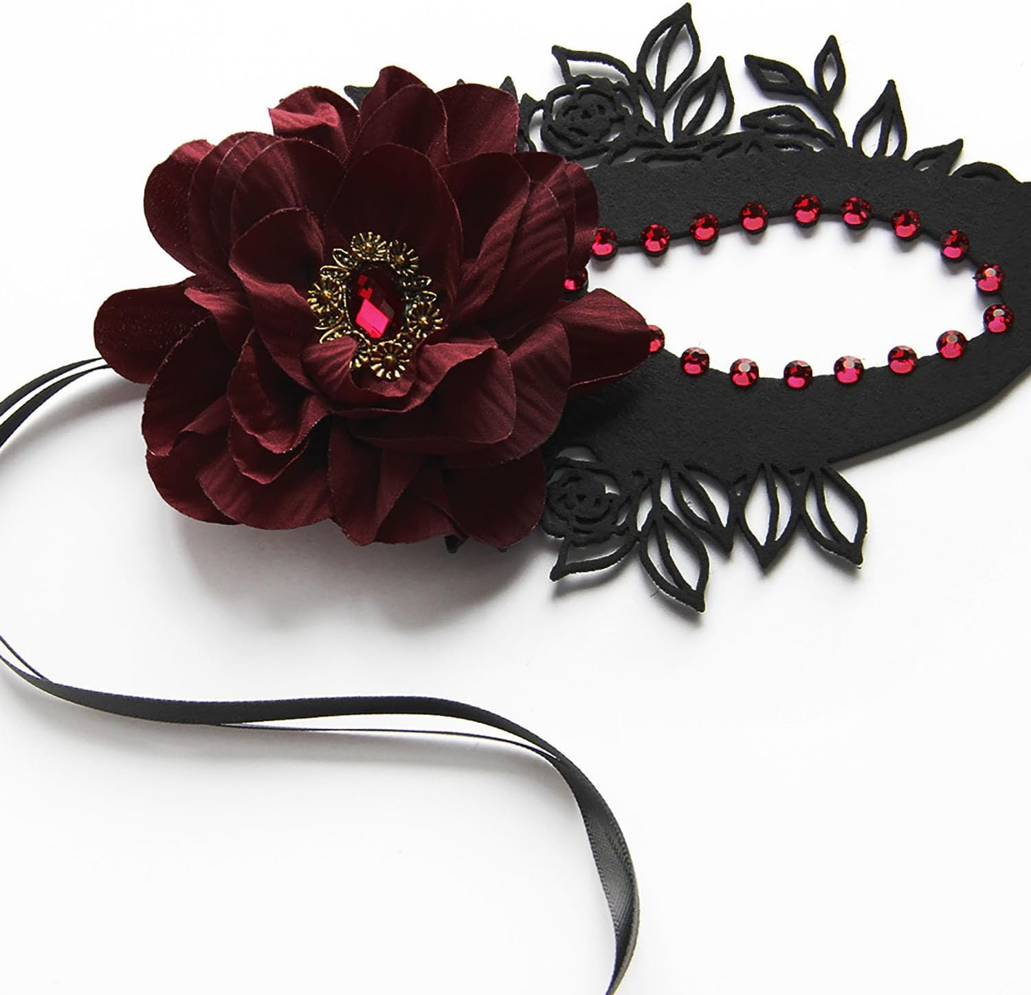 Therian Masquerade Mask for Women - Dark Red Rose Lace with Shiny Rhinestones, Half Face Costume for Cosplay, Carnival, Prom, Party image number 6