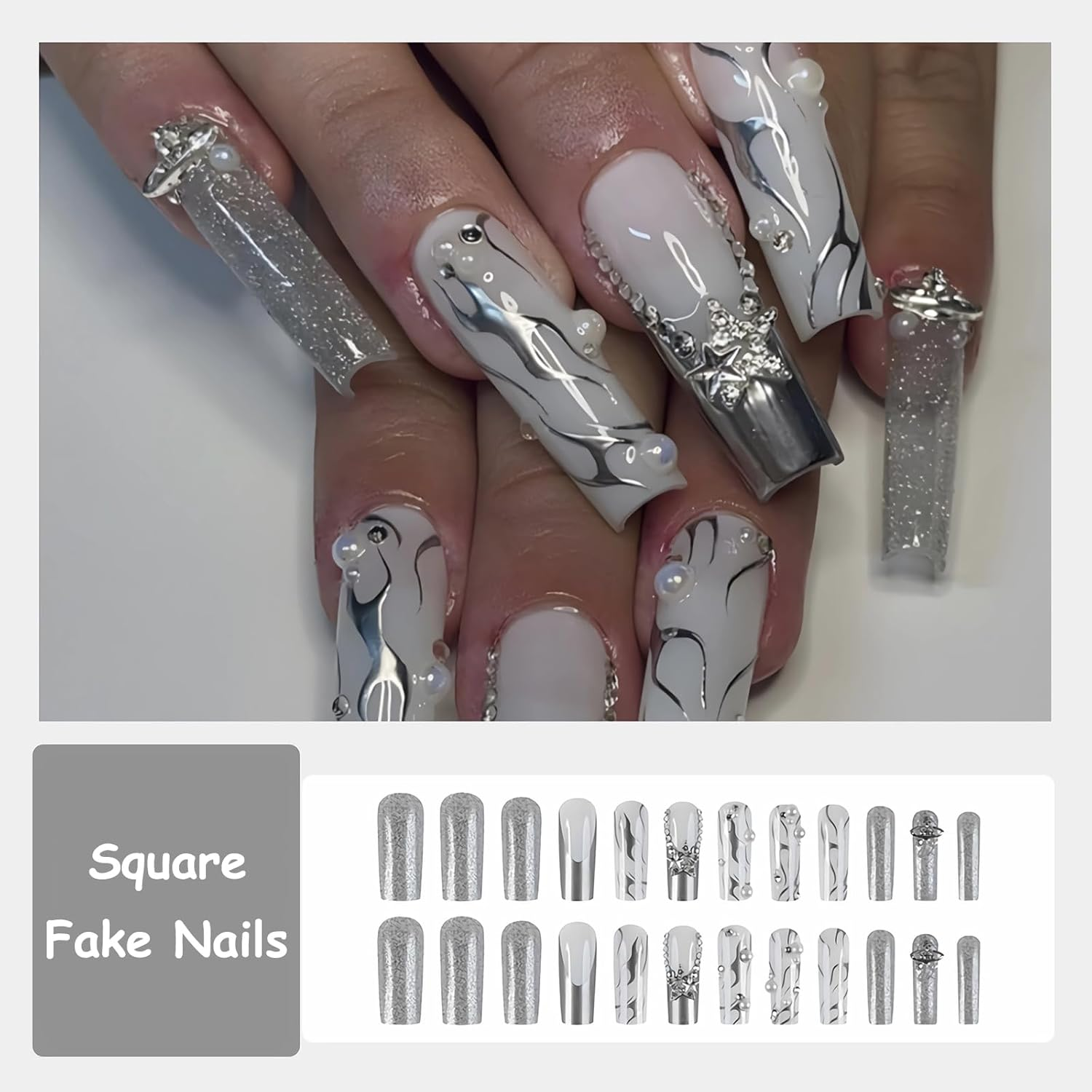 MISUD Press on Nails Long Square Fake Nails Glossy Glue on Nails Silver Chrome Swirl Acrylic Nails Squoval French Tip Artificial Nails Rhinestone Stick on False Nails with Dis image number 6