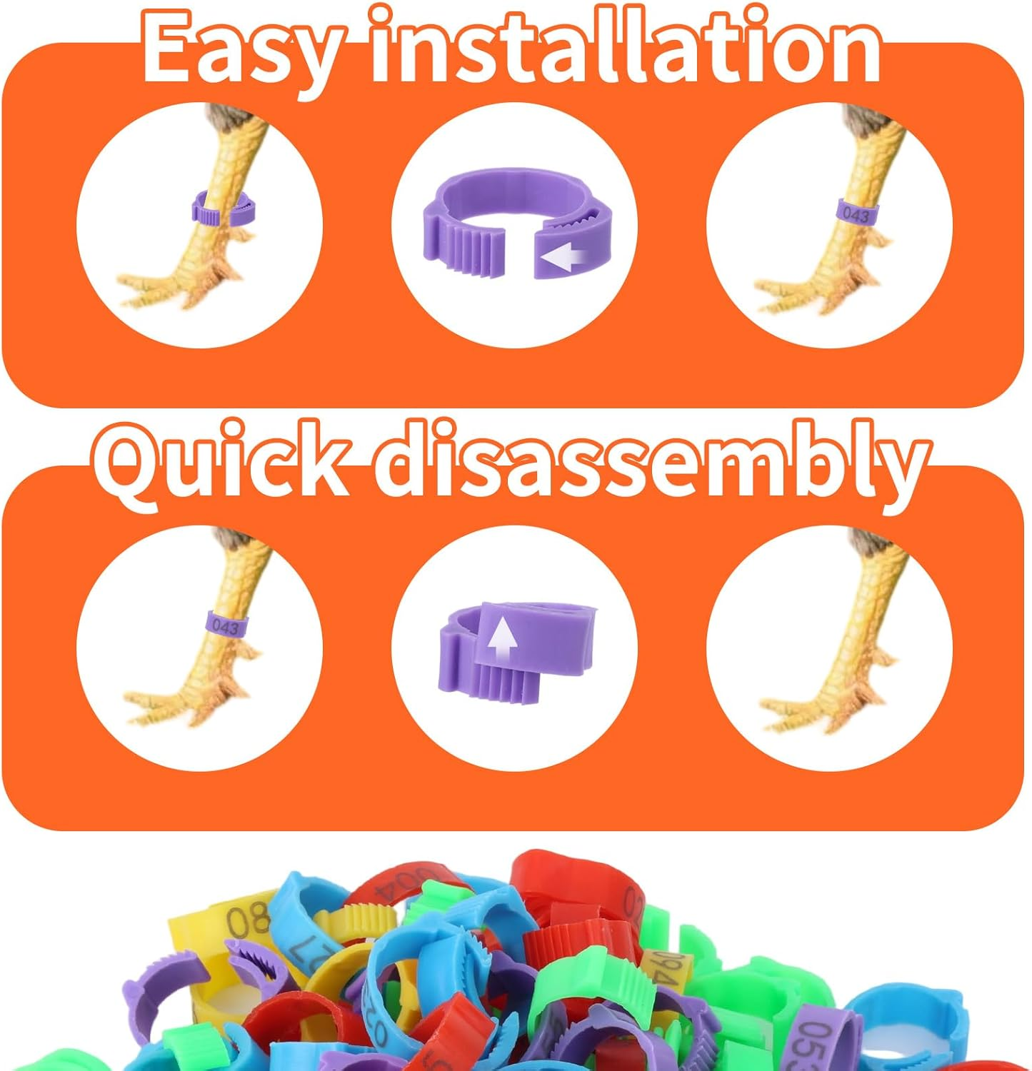 100Pcs Chicken Leg Bands, 5 Color Adjustable Poultry Leg Rings with Numbers 1-100 Chicken Identification Tag for Ducks Turkey Goose image number 1