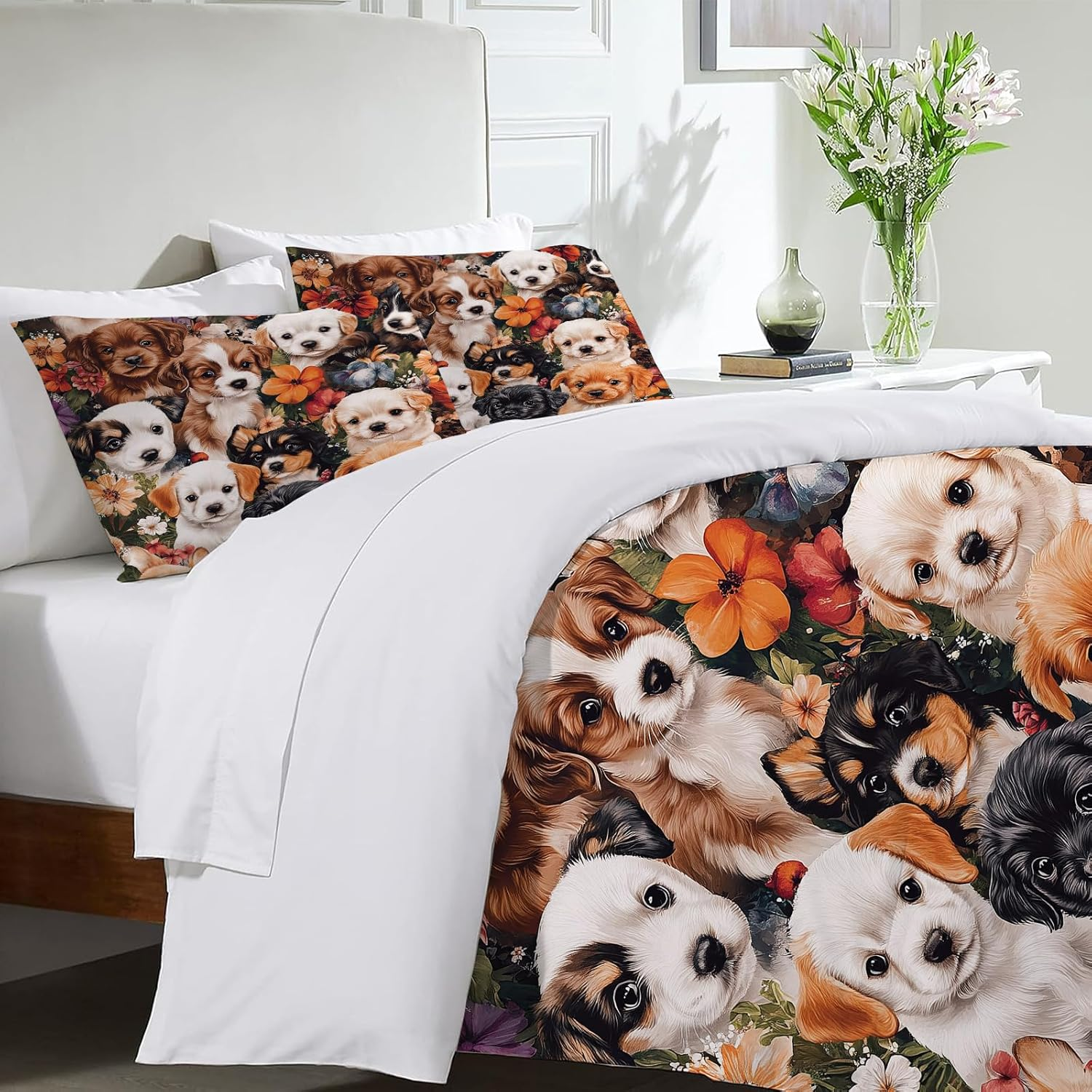 Wosabee Dog Bedding Set Dog Flower Comforter Set Cover Full Size Labrador Retriever Duvet Cover with 2 Pillow Cases for Kids and Adults Soft Quilt Cover for Bedroom Bed Decoration image number 2