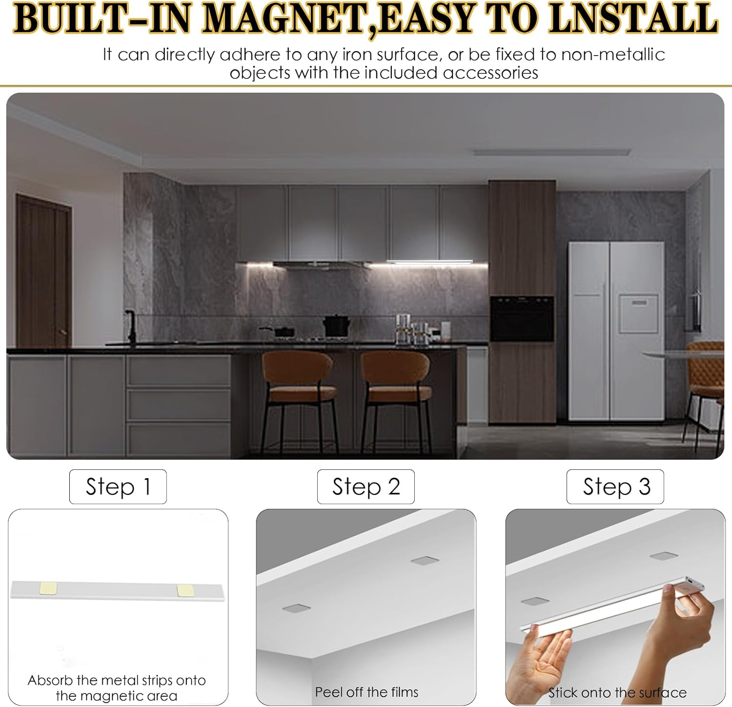 Under Cabinet Light 2 Pack, LED Wireless Rechargeable Motion Sensor Cupboard Light Bar, 3 Colours Dimmable Strip Night Light for Kitchen Wardrobe Cupboard, Silver, 40CM image number 5