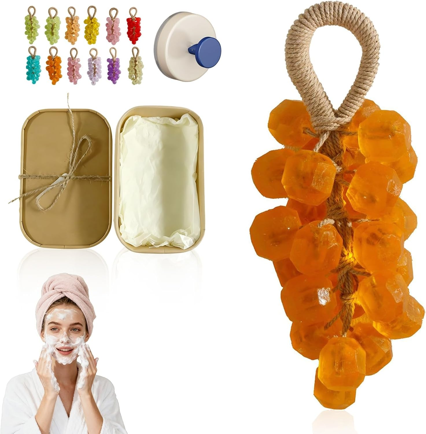 Grape Soap on a Rope, Handmade Crystal Grape Soap Gentle Cleansing, for Body, Hand＆Face Cleanser for Soft, Smooth Skin, Fresh Air(Greentea)