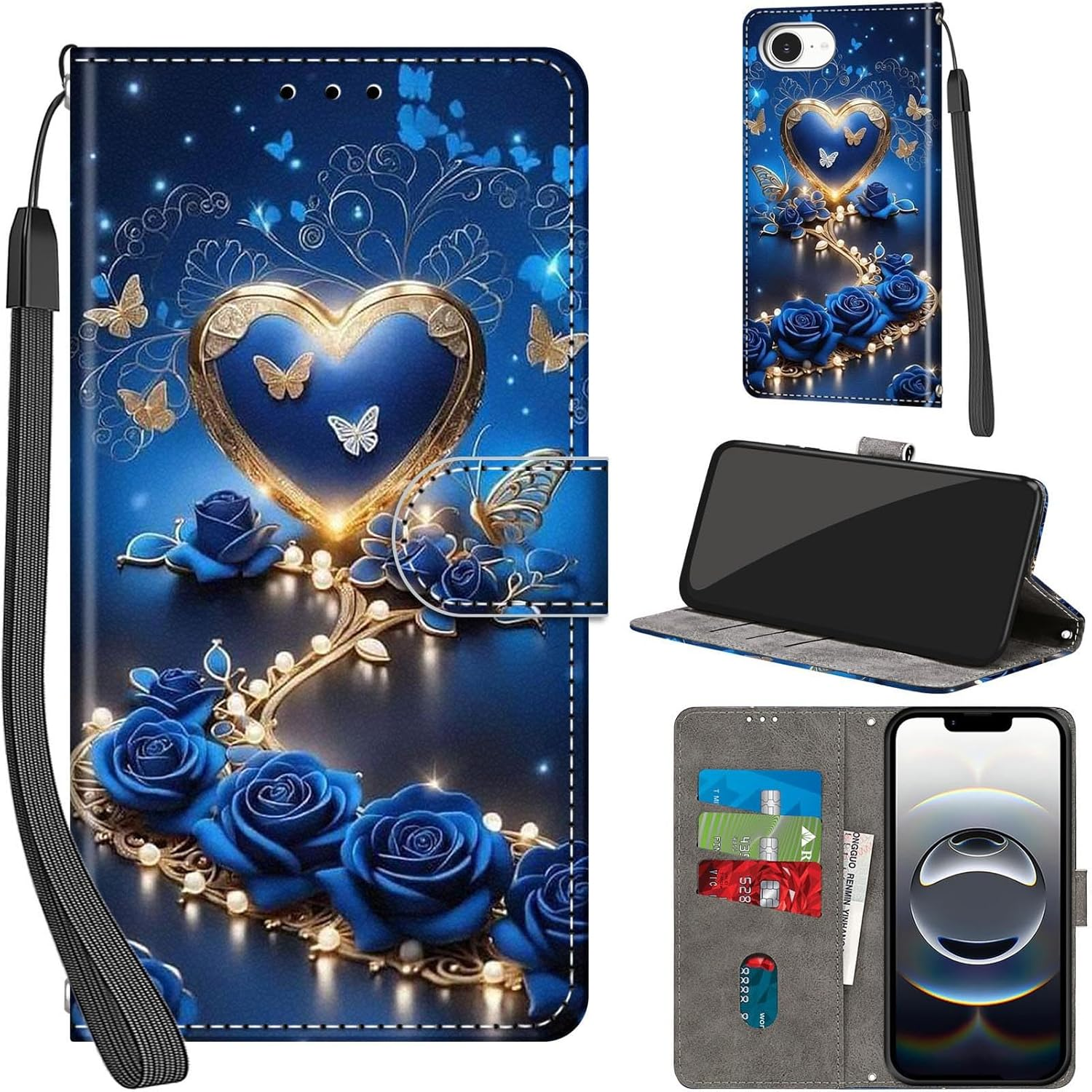 Mobile Phone Case for Iphone 16E Cases Premium Leather Case Foldable Wallet Magnetic Card Slot Stand Function Protective Case Compatible with Iphone 16E Cover, Flower