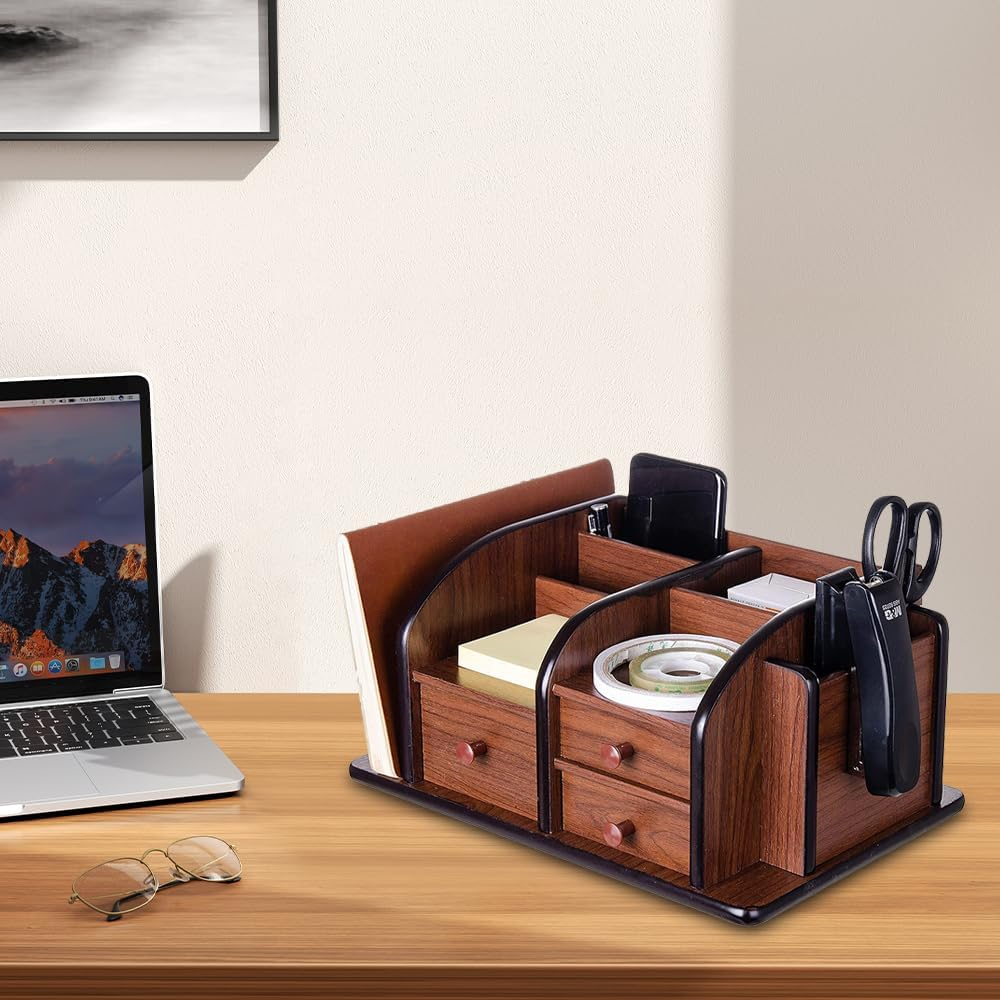 Brown Wooden Desktop Organizer,Wood Office Desk Organizer,Pencil Storage Rack,Large Capacity Drawer,Brown Desktop Accessories,For Kitchen,Desk,Classroom, O0Ffice,Daily Storage image number 3