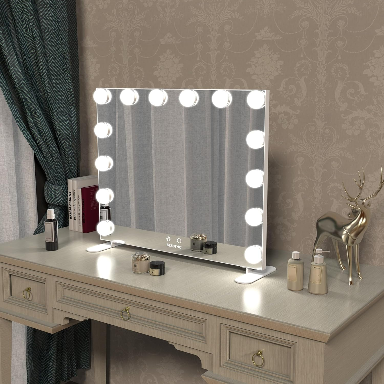 Vanity Mirror with Lights, White Hollywood Lighted Makeup Mirror with 14 Dimmable LED Bulbs for Dressing Room & Bedroom, Tabletop or Wall-Mounted, 60X50.7Cm image number 2