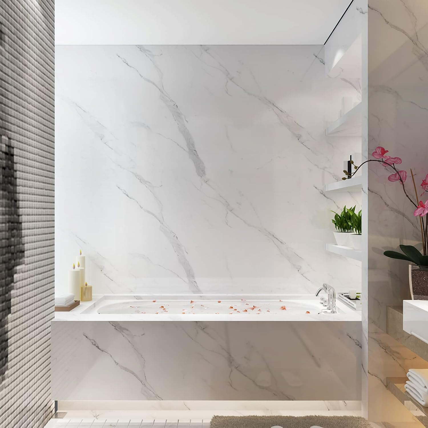 40Cmx3M White Marble Peel and Stick Wallpaper 3D Faux Granite Glossy Contact Paper Self Adhesive Removable Waterproof Kitchen Vinyl Wrap for Cabinets Modern Stick on Wallpaper Furniture Countertop DIY image number 2