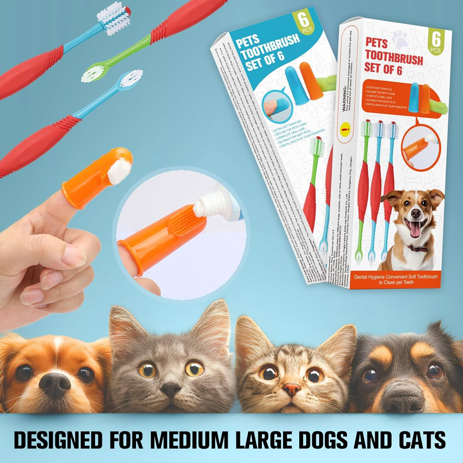 Dog Toothbrush for Small Medium to Large Dogs and Cats, Soft-Bristled Dog Tooth Brushing Kit - 3 Pcs Dual Head Premium Non-Slip Handle with 3 Cleaning Finger Brush for Dogs Cats Teeth image number 2