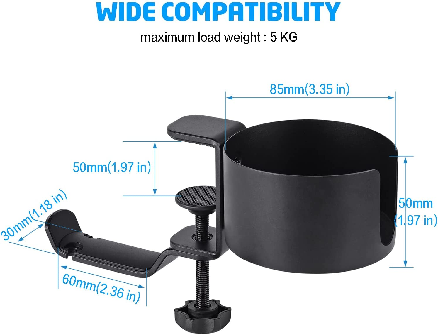 MAGGHEVI Headphone Holder,2 in 1 Anti-Spill Cup Holder with under Desk Headphone Hanger 360&deg; Adjustable & Rotating Arm Clamp Headset Stand,Organizer Accessories for Office or Gaming Room image number 2