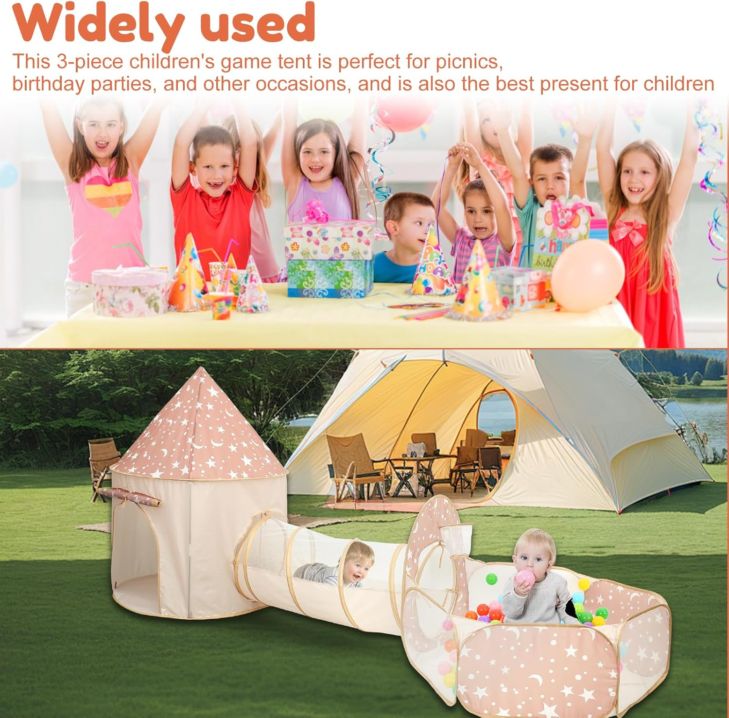 3Pcs Kids Play Tent with Tunnel for Baby Toddlers Comfortable Kids Play Tent with Ball Pit Multipurpose Pop up Play Tent for Kindergarten Picnic Party image number 1