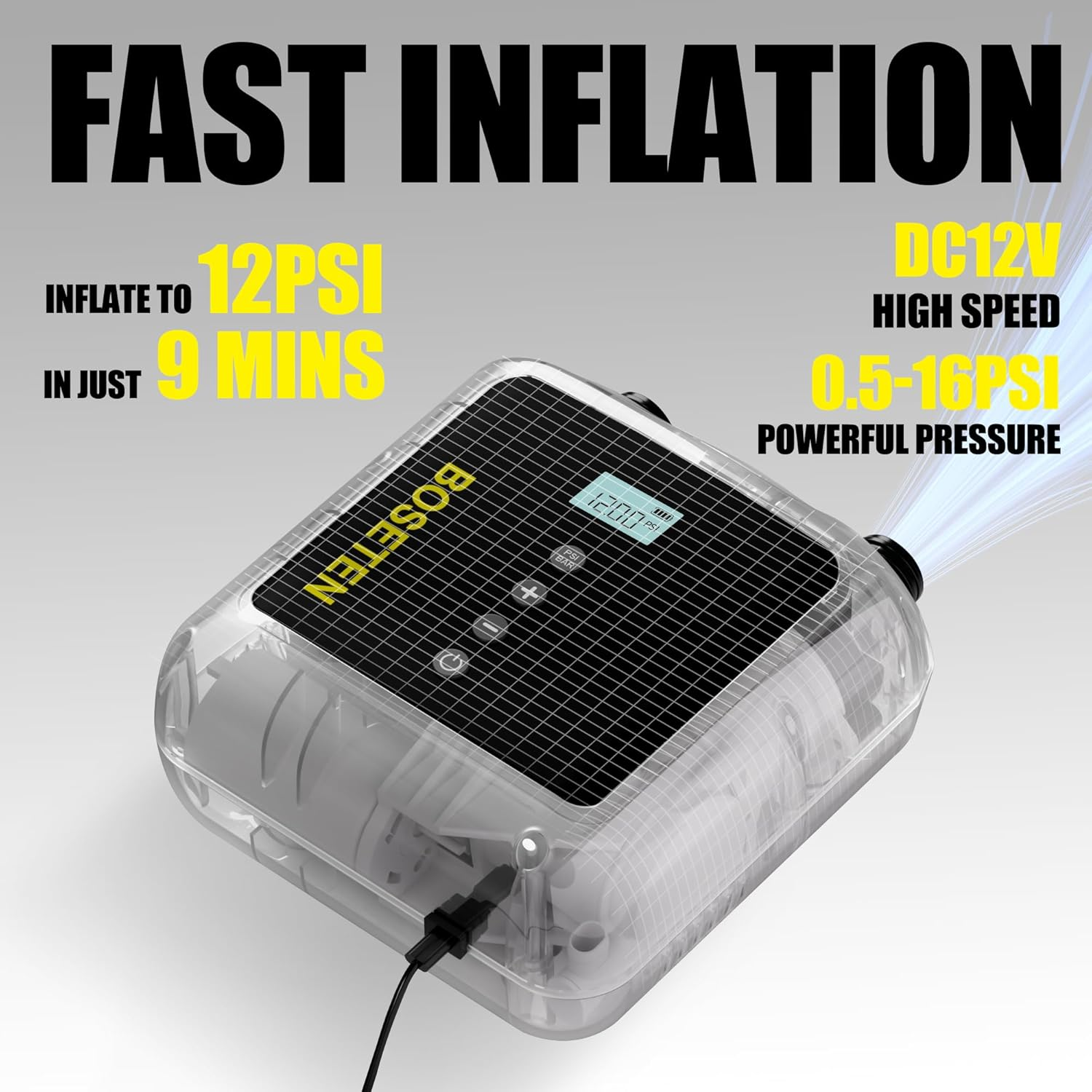 BOSETEN Paddle Board Pump, SUP Electric Air Pump, Deflation Function,Auto-Off,12V DC Car Connectorfor Inflatable Stand up Paddle Board, Kayaks, Boats, Inflators, Paddleboards image number 2