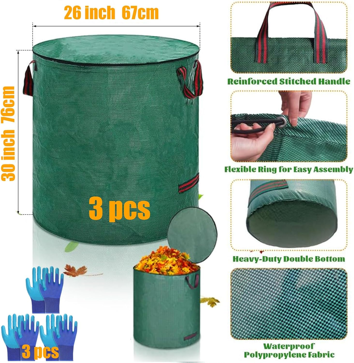 72 Gallons Reusable Yard Waste Bags with Lid Extra Large Lawn Leaf Bags Heavy Duty with Handles Garden Waste Bags Container for Clean up Outdoor Debris Leaves Grass Clippings (3PCS) image number 1