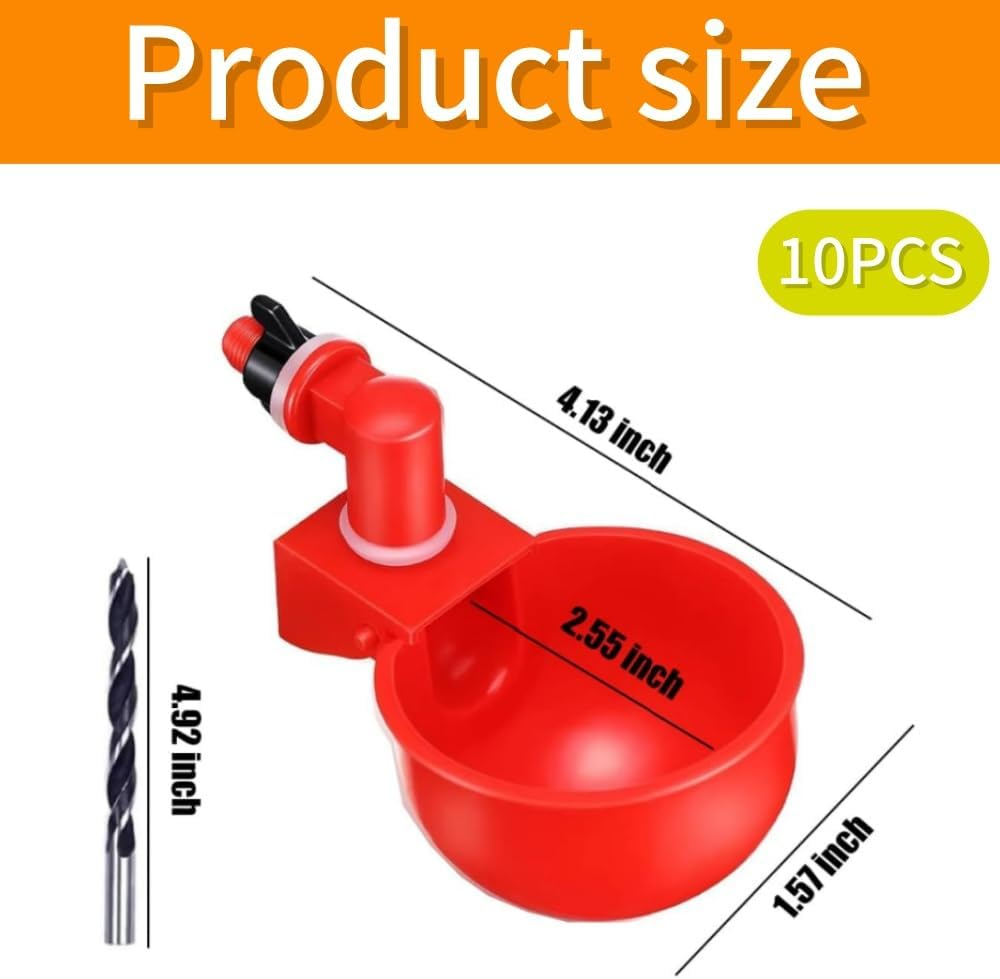 10 Pack Automatic Chicken Waterer Cups Poultry Drinker Kit for Chickens, Ducks, Turkeys Self-Filling Water Feeder with Drill Bit for Buckets, Barrels No Spill, Low Maintenance image number 3
